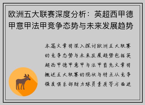 欧洲五大联赛深度分析：英超西甲德甲意甲法甲竞争态势与未来发展趋势