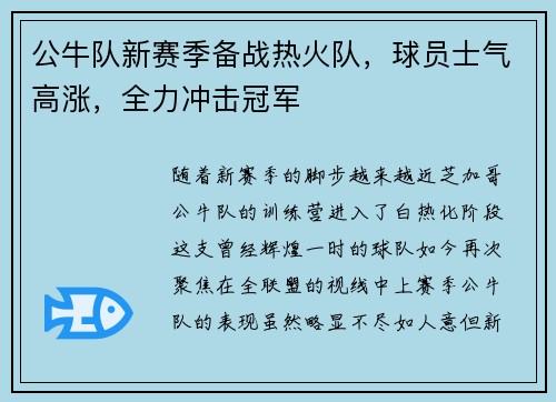 公牛队新赛季备战热火队，球员士气高涨，全力冲击冠军