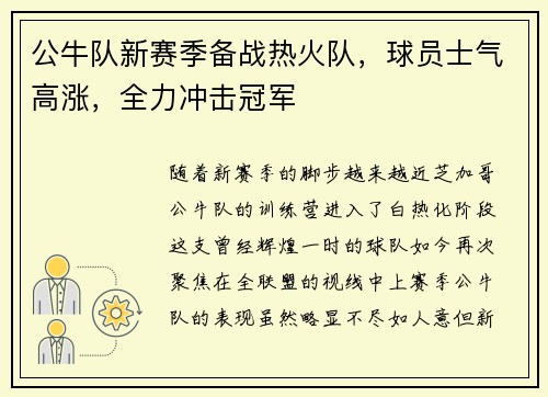 公牛队新赛季备战热火队，球员士气高涨，全力冲击冠军