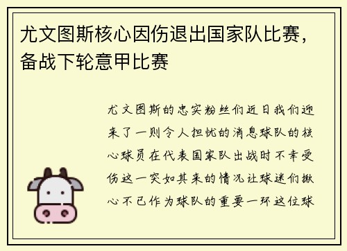 尤文图斯核心因伤退出国家队比赛，备战下轮意甲比赛