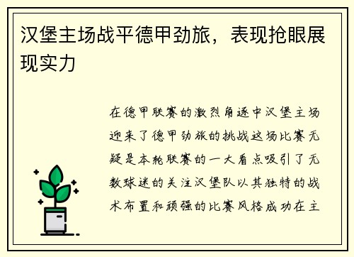 汉堡主场战平德甲劲旅，表现抢眼展现实力