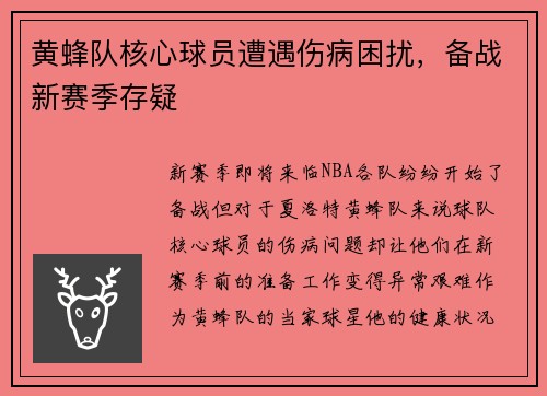 黄蜂队核心球员遭遇伤病困扰，备战新赛季存疑